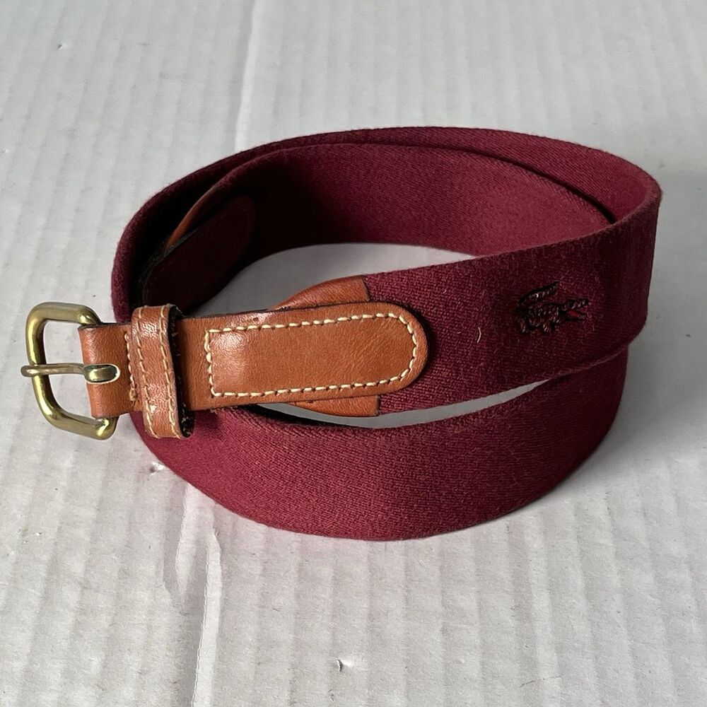 VTG Lacoste Mens Size 34 Red Stretchy Cotton Web Belt Leather Brass Buckle USA